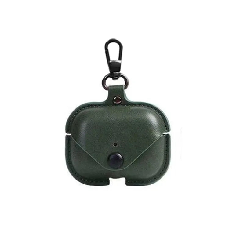 AirPods Pro protective leather case in hot-pressed PU material showing precise dimensions and multiple pattern options