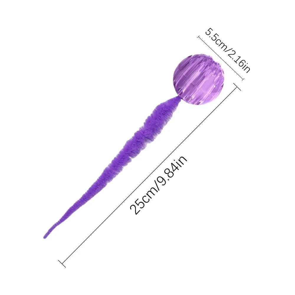 Interactive cat ball toy with worm tail attachment in green, pink, or purple colours