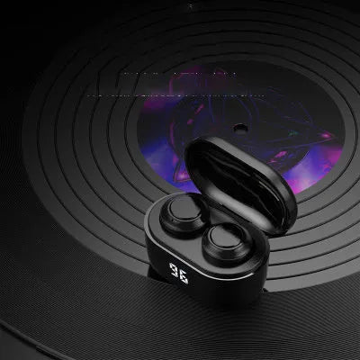 Black bilateral stereo Bluetooth headset with earplug design on a white background.