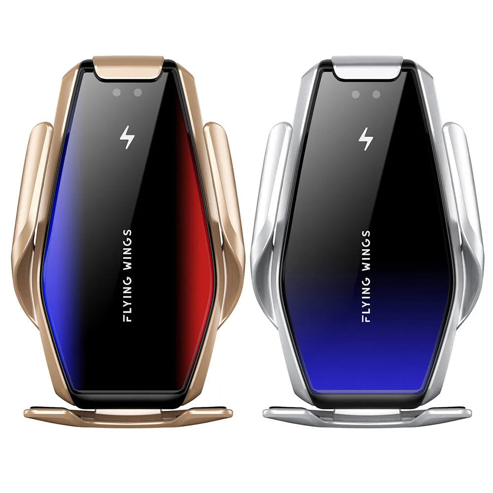 Wireless mobile phone charger in Gold with bracket open, showing coil pad and Type-0 connector
