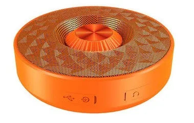 Compact mini Bluetooth wireless speaker shown in black, orange, and silvery white colour options.