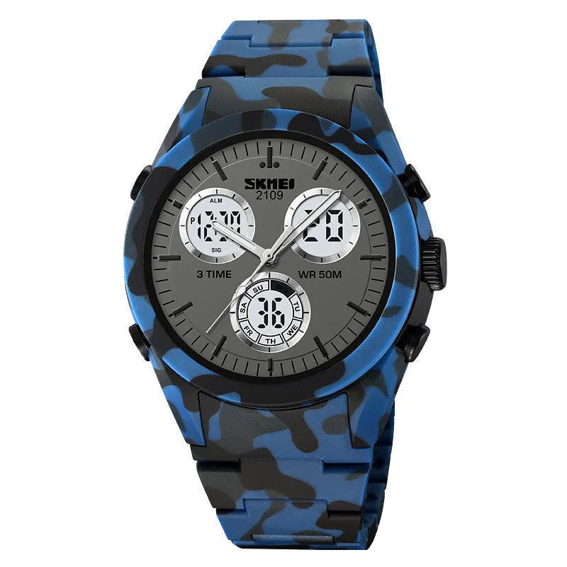 Digital casual watch with a black camouflage TPU strap and resin lens showing time on display.