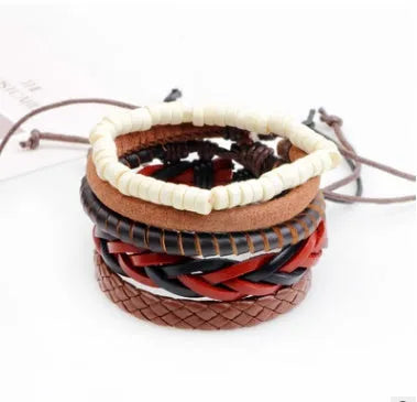 Hand-woven leather bracelet with wooden beads and adjustable closure in punk style
