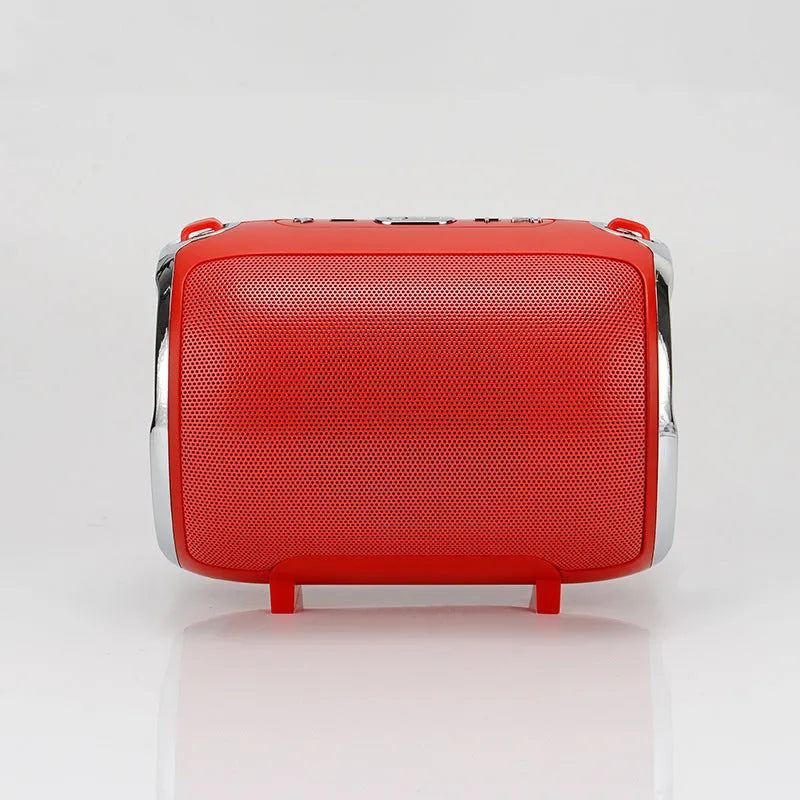 Portable metal subwoofer speaker with buttons in black, blue, gold, red, or silver colours.