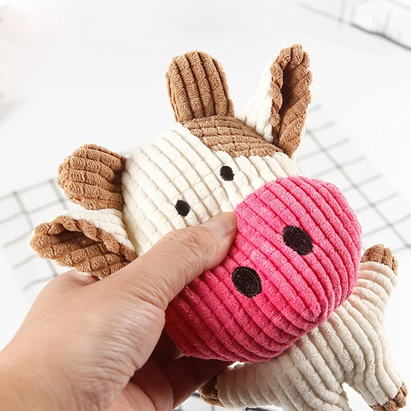 Animal shape plush dog chew toy with squeaker sound in multiple colour options