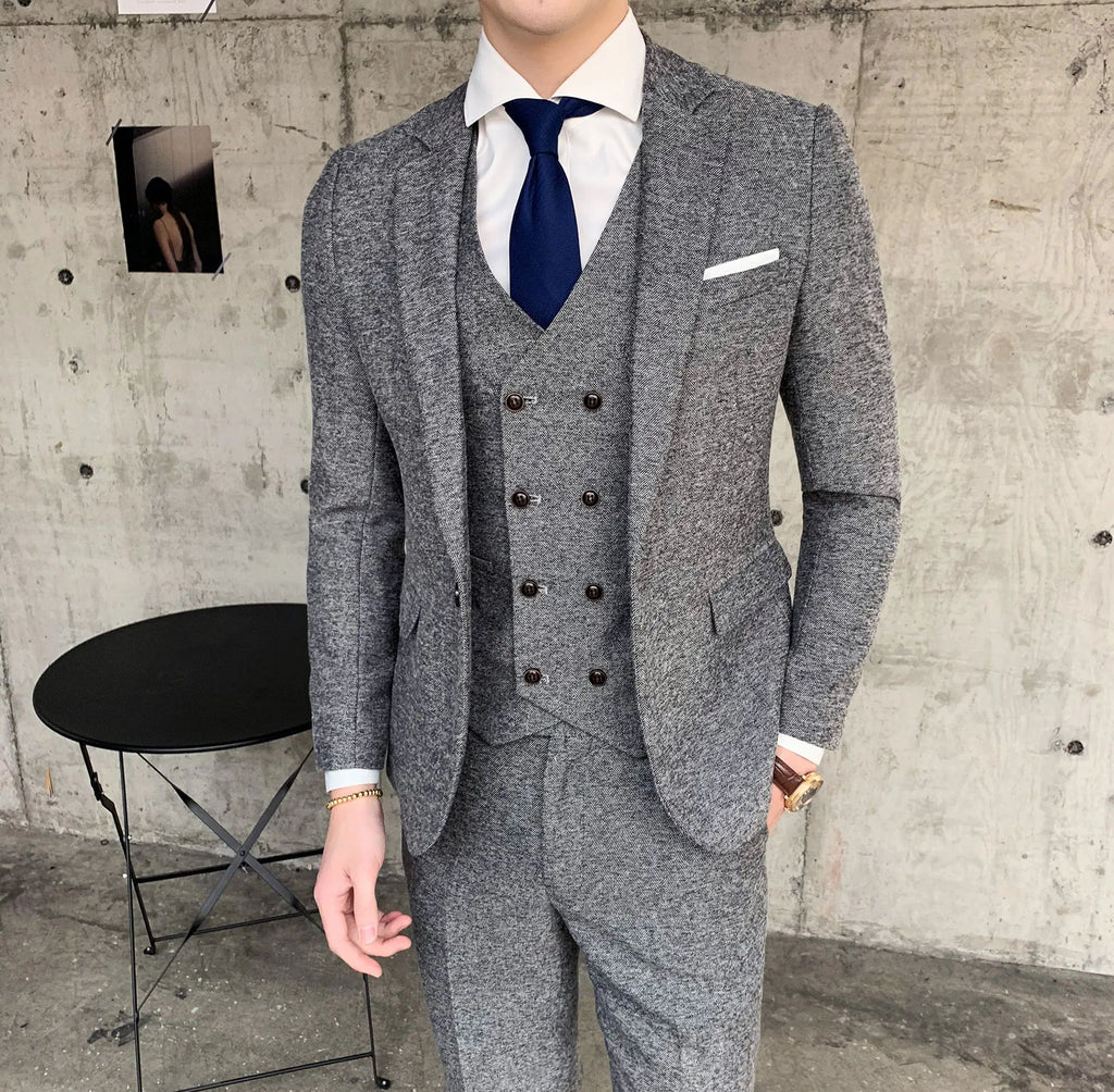 Men's three-piece slim fit suit set in khaki, flat collar, single-breasted, cotton blend fabric