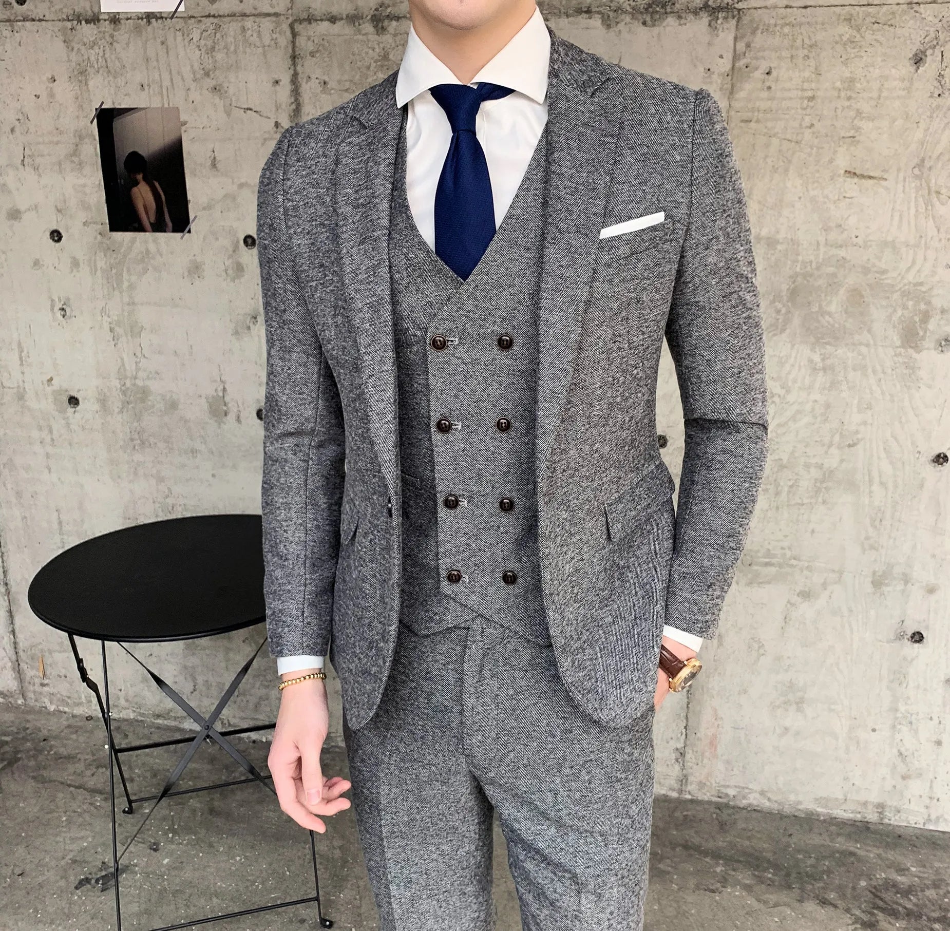 Men's three-piece slim fit suit set in khaki, flat collar, single-breasted, cotton blend fabric
