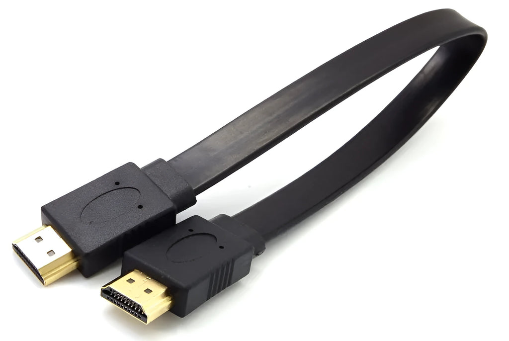 Flat HDMI cable with gold-plated connectors showing length options from 0.3 to 10 metres
