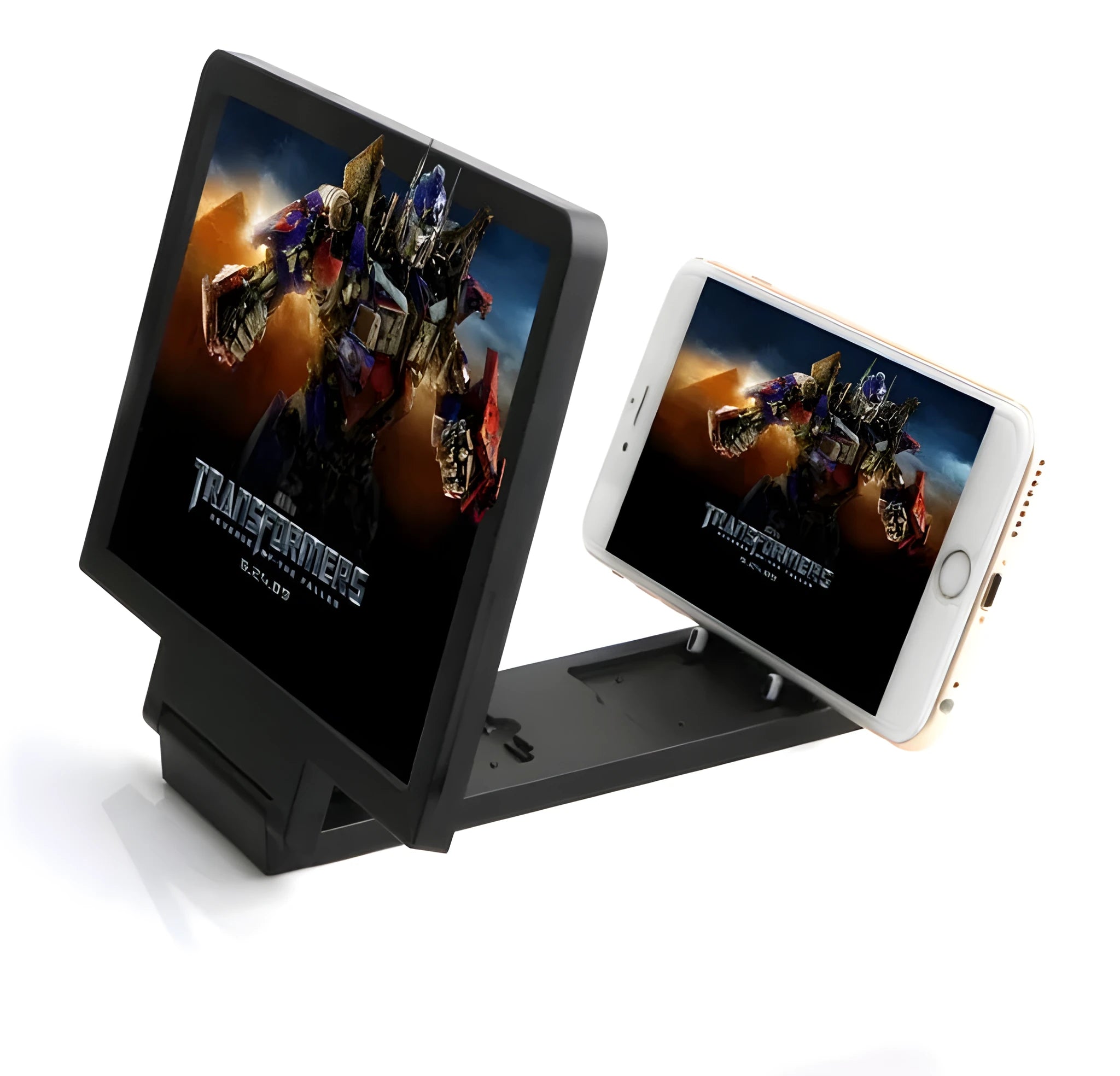 Black acrylic mobile phone stand with 3D amplifier design and magnetic phone holder