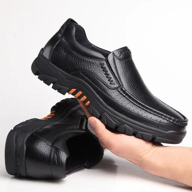 Men's black business casual leather slip-on shoes with rubber sole for office wear