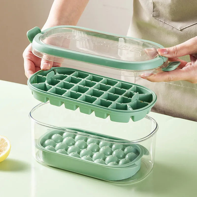 DIY Silicone Ice Grid portable ice box with 54 ice cubes in two layers, Fresh Green hard base model, modern simple design