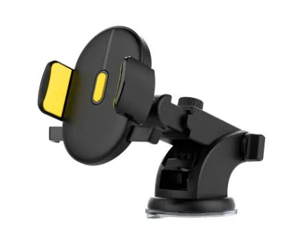 Yellow and black telescopic car phone holder with suction cup mounted on dashboard showing 360-degree rotation