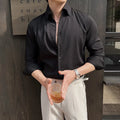 Men's dark striped V-neck long sleeve casual shirt in polyester blend fabric