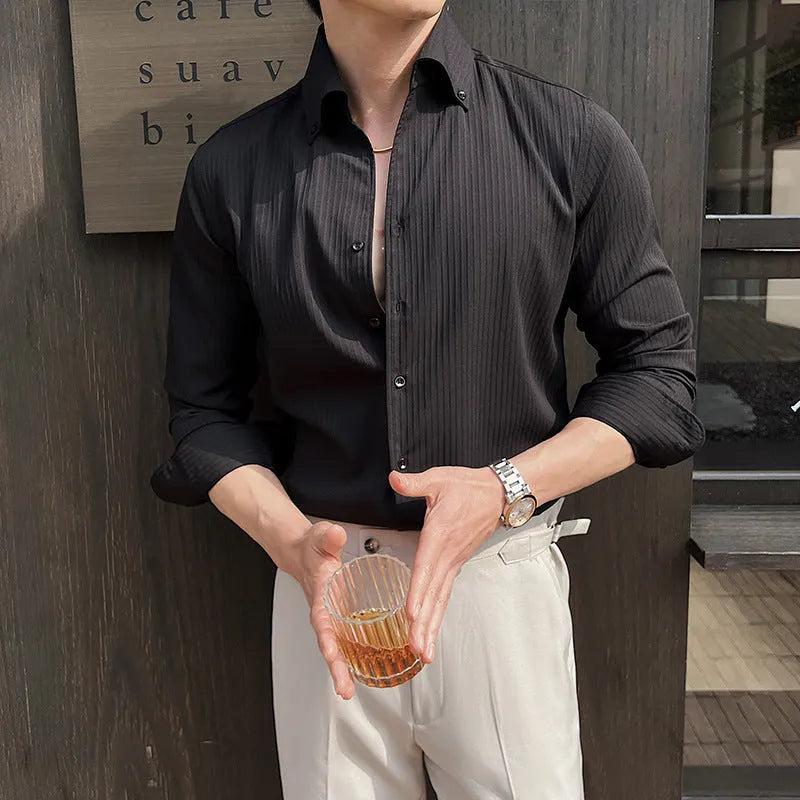 Men's dark striped V-neck long sleeve casual shirt in polyester blend fabric