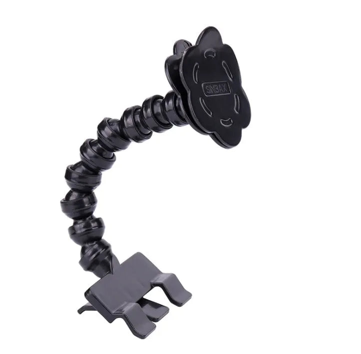Black and white PVC pet selfie stick with a square clip and a flower clip on a blister card.