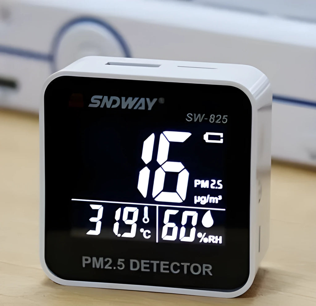 Digital air quality monitor with laser PM2.5 detector, temperature and humidity display, USB rechargeable battery