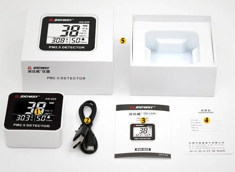 Digital air quality monitor with laser PM2.5 detector, temperature and humidity display, USB rechargeable battery