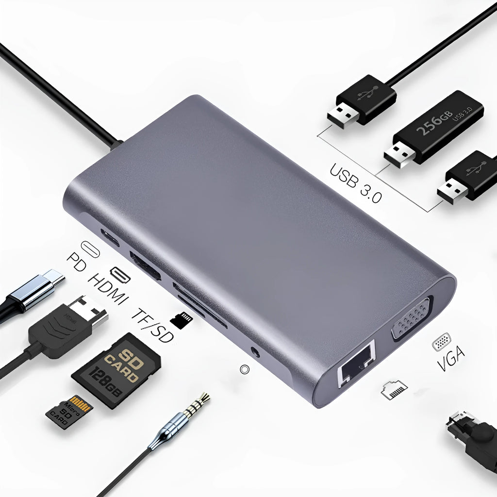 Silver 10-in-1 USB-C docking hub for MacBook with multiple ports including HDMI, USB, and SD card slots.