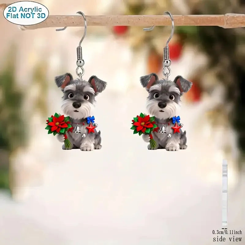 Pair of flat cartoon Schnauzer dog earrings made of acrylic in a Christmas style on white background