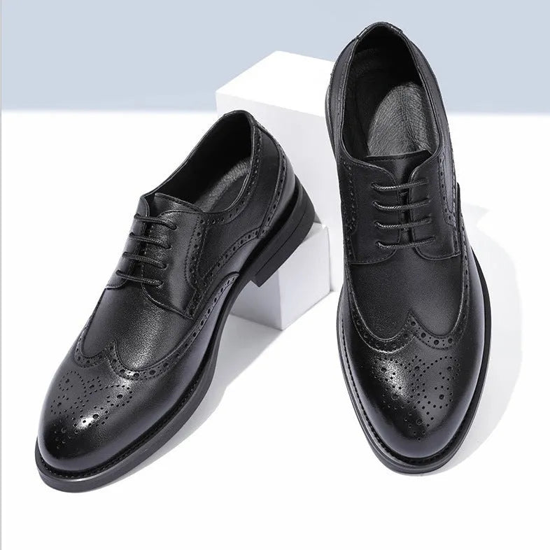 Men's black and brown brogue Oxford style formal shoes with perforated detailing.