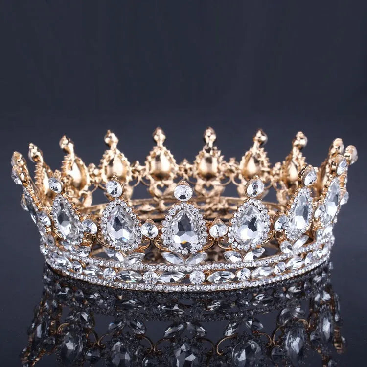 Baroque bridal crown headdress with rhinestone accents, alloy frame, 12.5cm diameter, gold powder finish