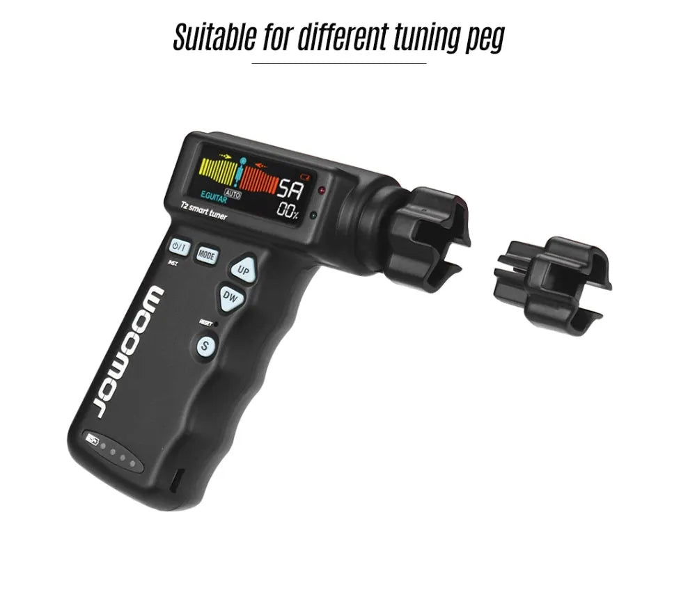 Black and white smart guitar tuner and string winder combo with LCD display and USB charging cable
