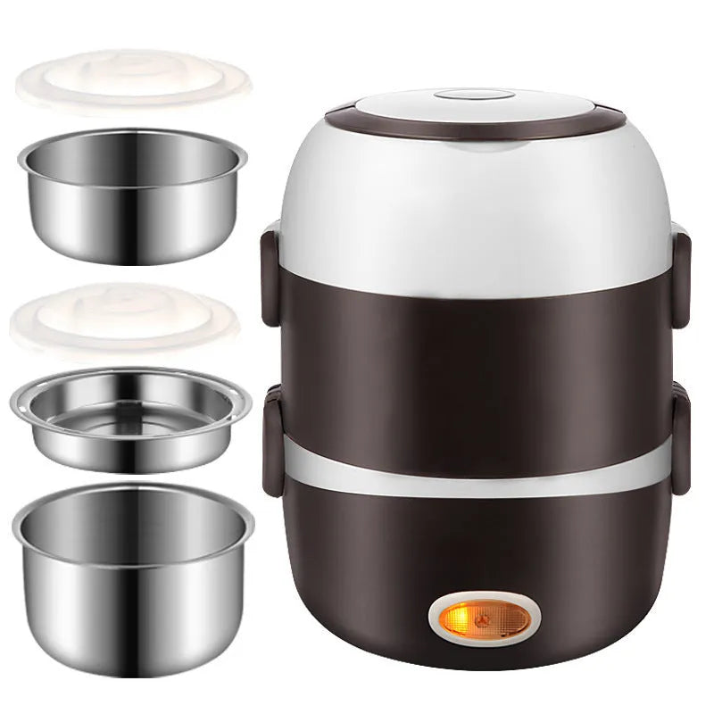 White electric lunch box with USB port showing 190mm dimensions and dual capacity options