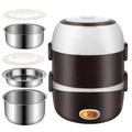 White electric lunch box with USB port showing 190mm dimensions and dual capacity options