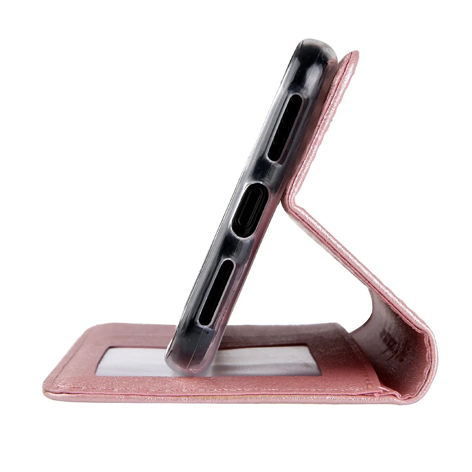 PU leather flip phone case for iPhone in various colours, showing closed front and open view with card slots.