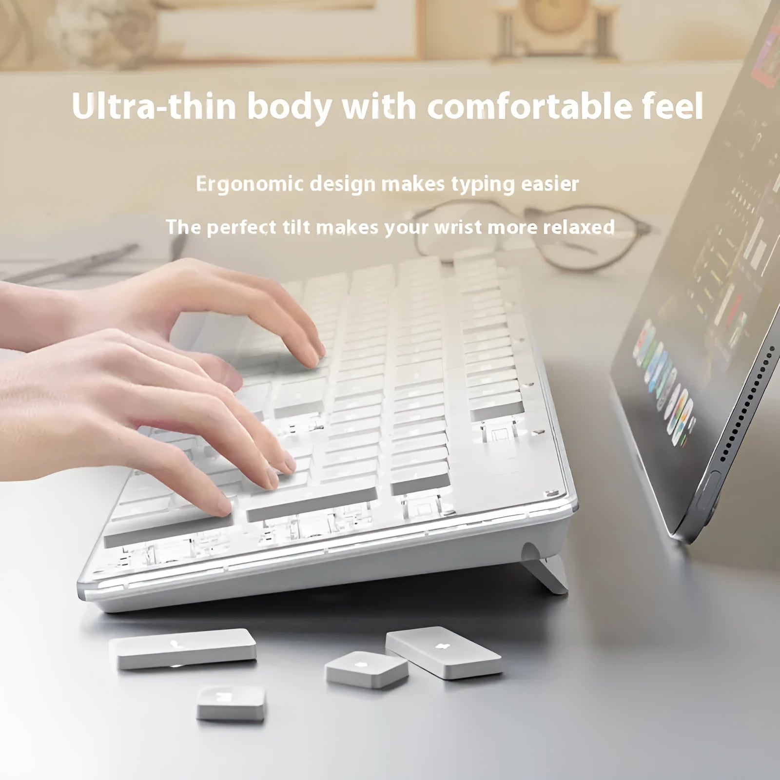 Mute mechanical keyboard with LED lighting and matching wired mouse in silver white blue colour combination