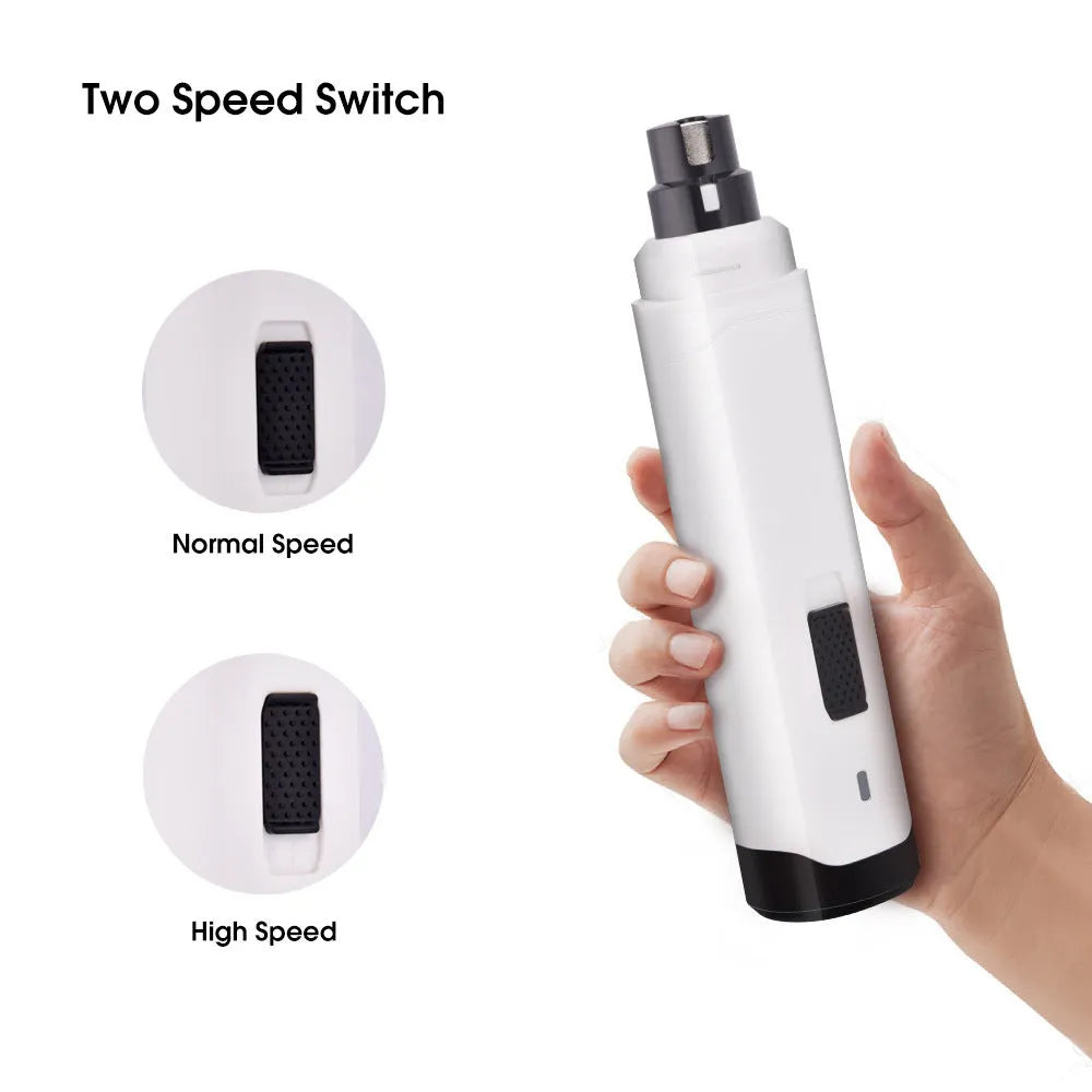Blue plastic pet nail polisher with USB cable, dual speed 7000/8000 rpm for cats and dogs, compact size 17 cm box