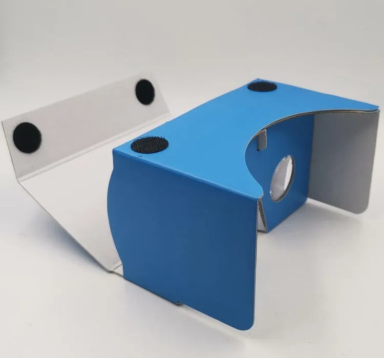 VR cardboard glasses kit with pink frame, 3D lenses, rubber band strap, and magnet for 6-inch phones.