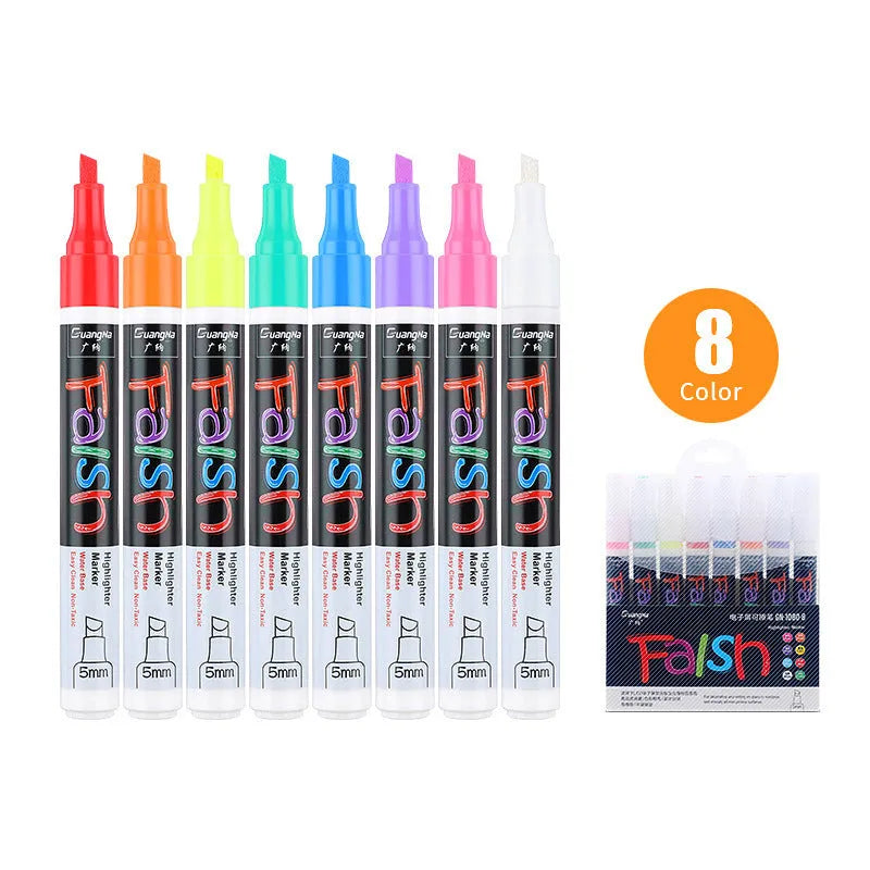Pack of 6mm fluorescent board markers with a choice of 8 or 12 colours in carded packaging.