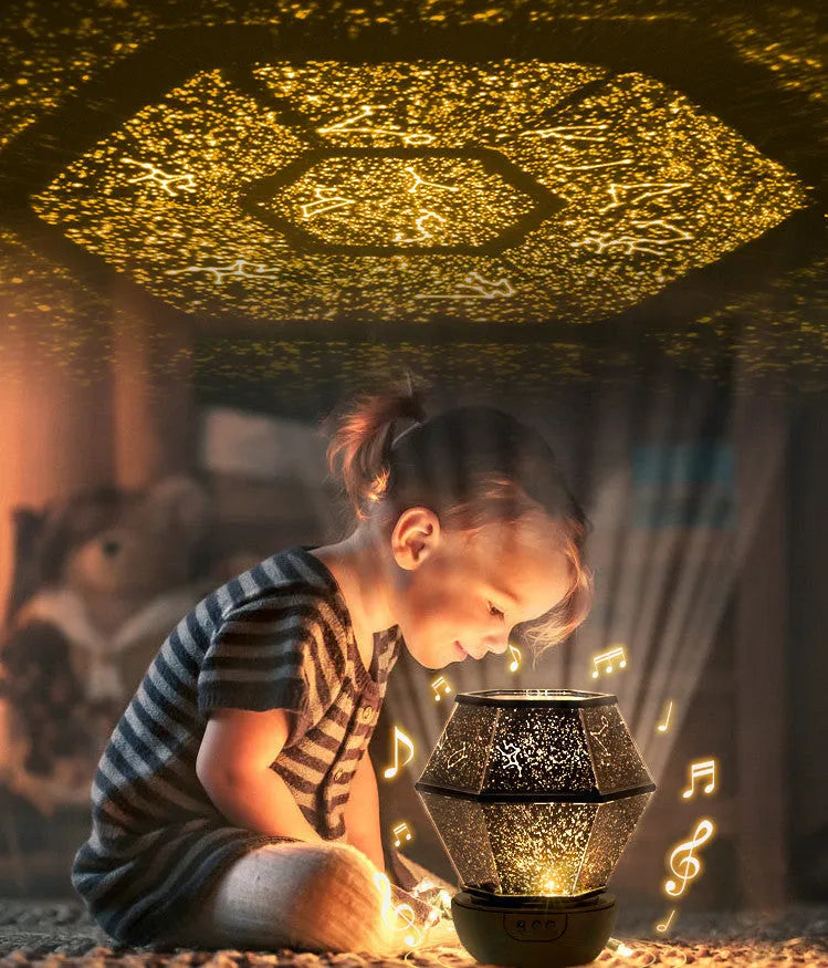 Children's rotating stars LED night light projecting coloured starlight on a wall.