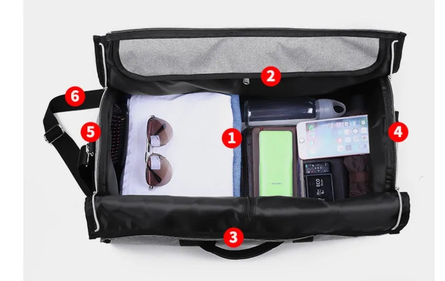 Cylinder-shaped travel bag in Oxford cloth, shown in one of four colours: black, blue, light grey, or red.
