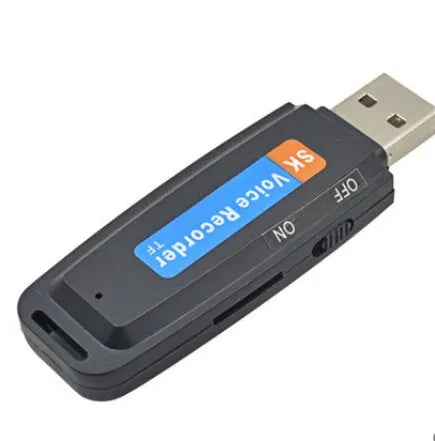 SK-001 black and white USB flash drive with voice recording function showing front and side views