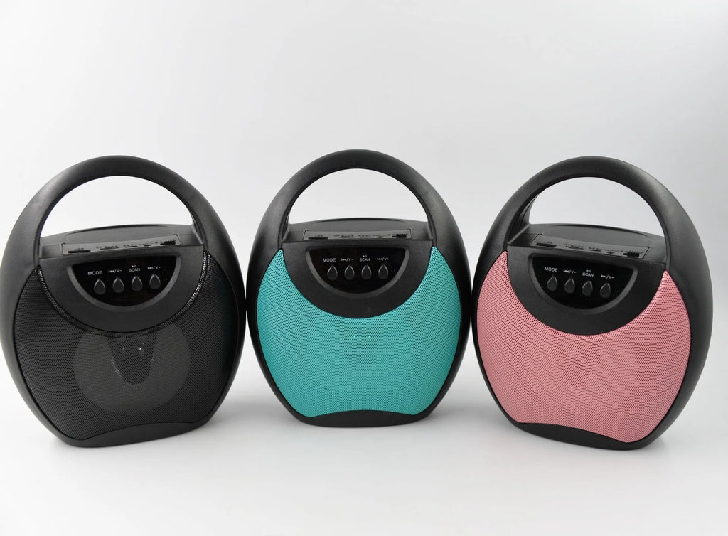 Portable Bluetooth speaker in black, blue, or pink colours with USB port and SD card slot visible
