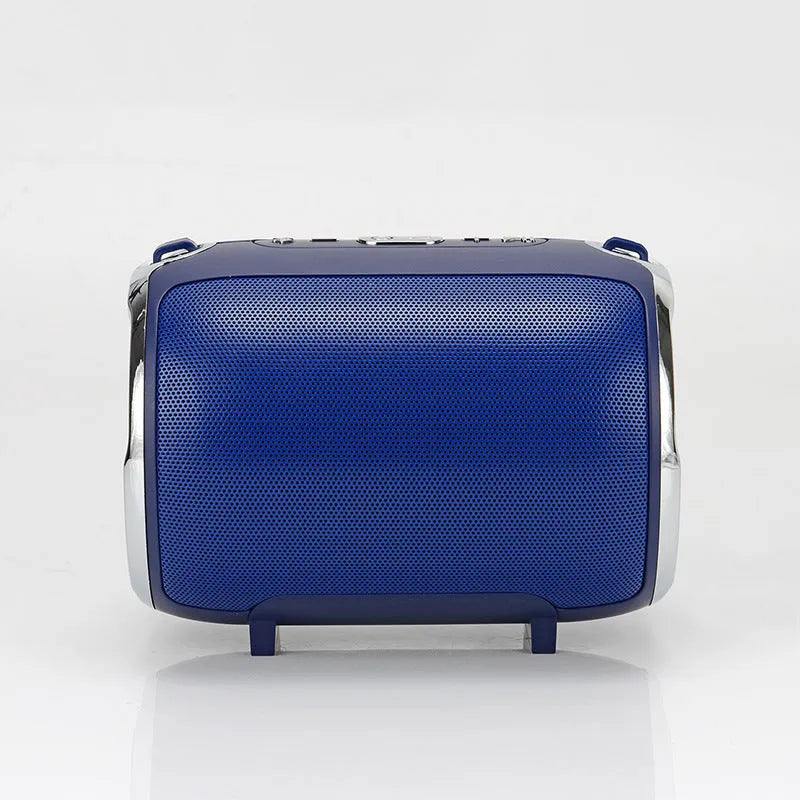 Portable metal subwoofer speaker with buttons in black, blue, gold, red, or silver colours.