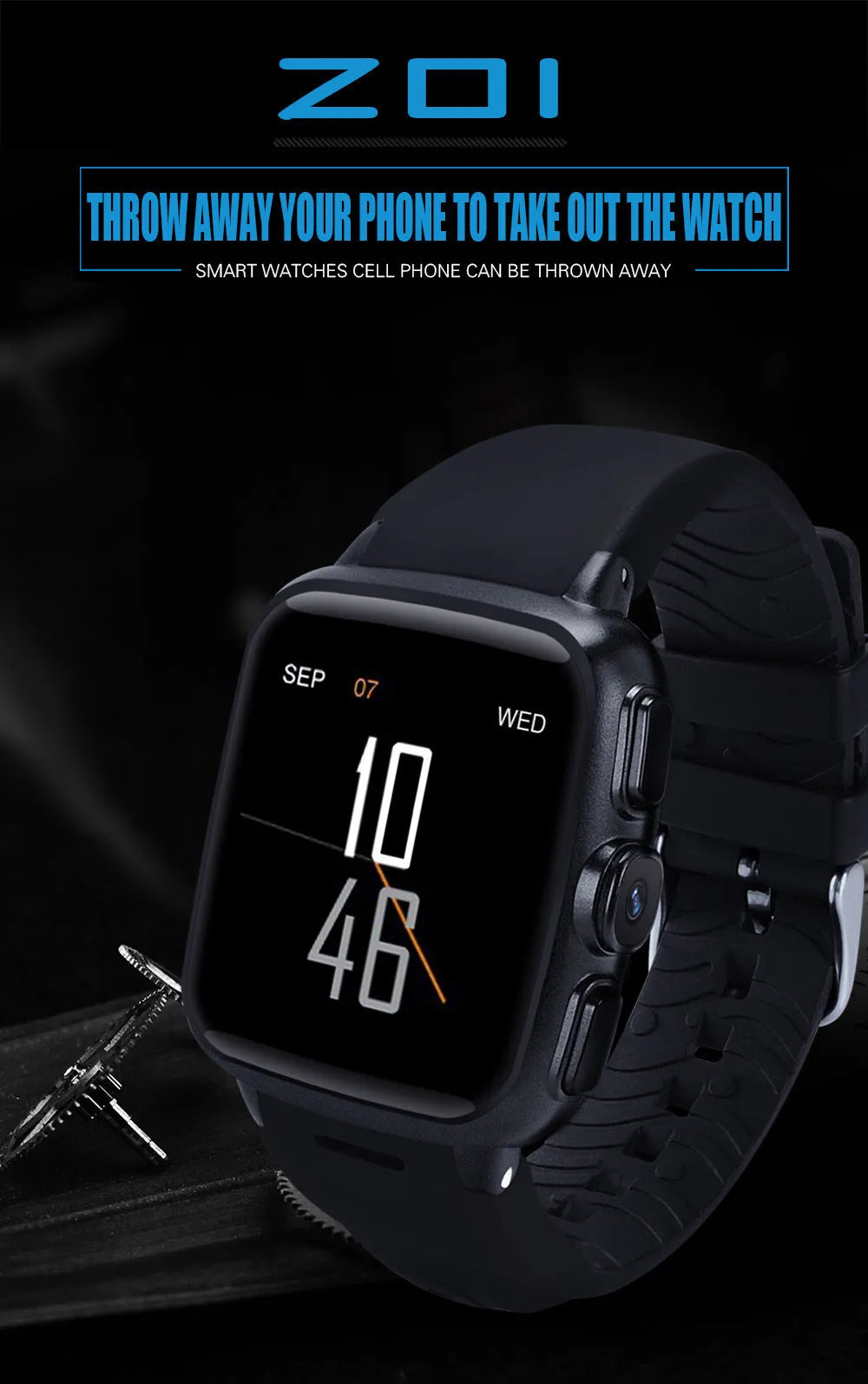 Black or white smart watch with 1.54 inch screen showing Android interface