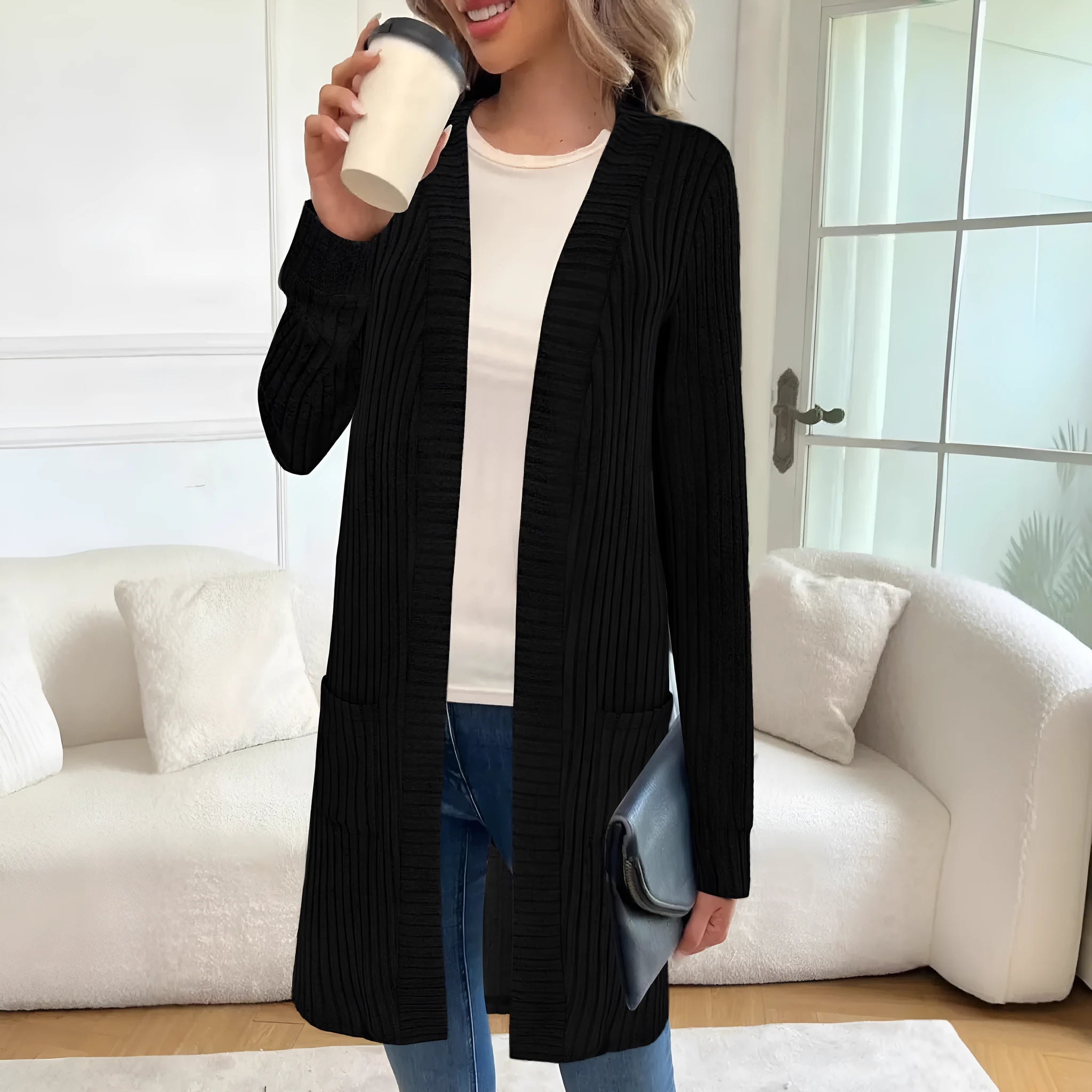 Long sleeve loose fit knitted cardigan jacket in black colour