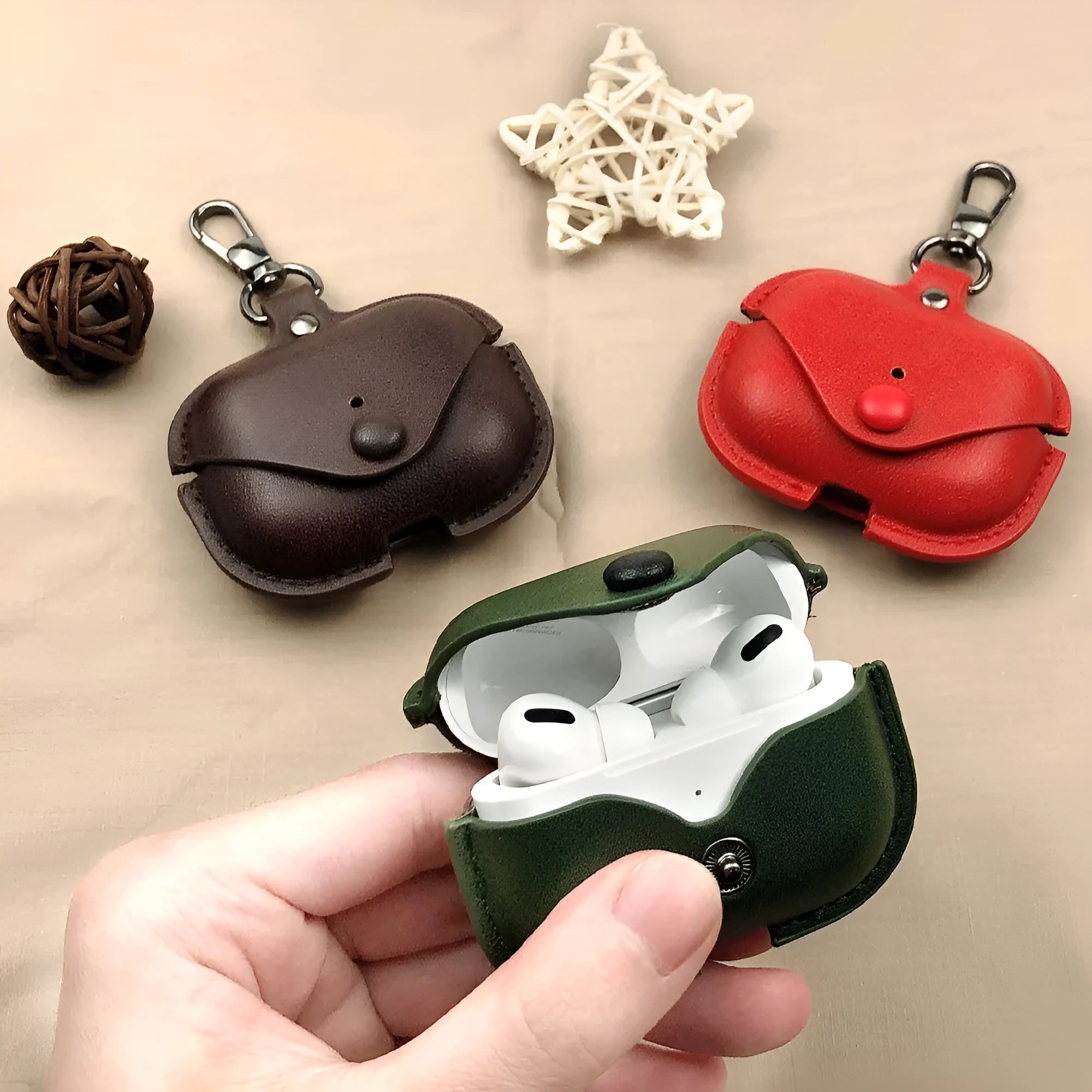 AirPods Pro protective leather case in hot-pressed PU material showing precise dimensions and multiple pattern options