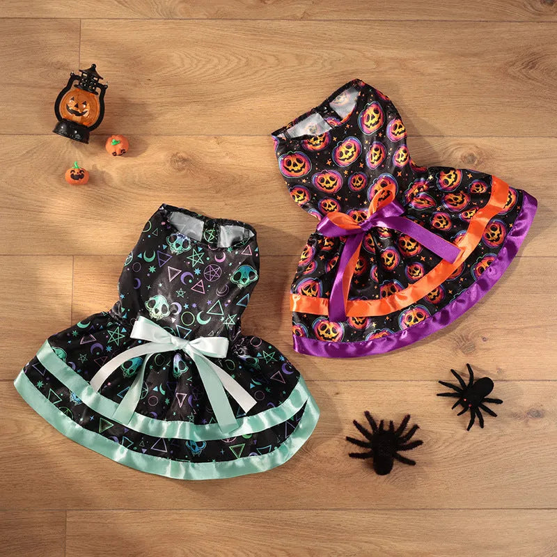 Halloween dog skirt with colourful pumpkin print and adjustable tie waist