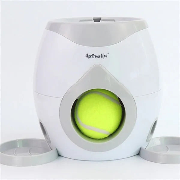 White plastic tennis food reward machine for interactive dog training with snack dispensing