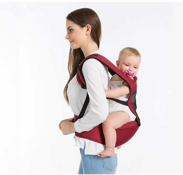 Multifunctional baby carrier in black, 100% cotton, with waist support and three carrying positions for newborn to toddler