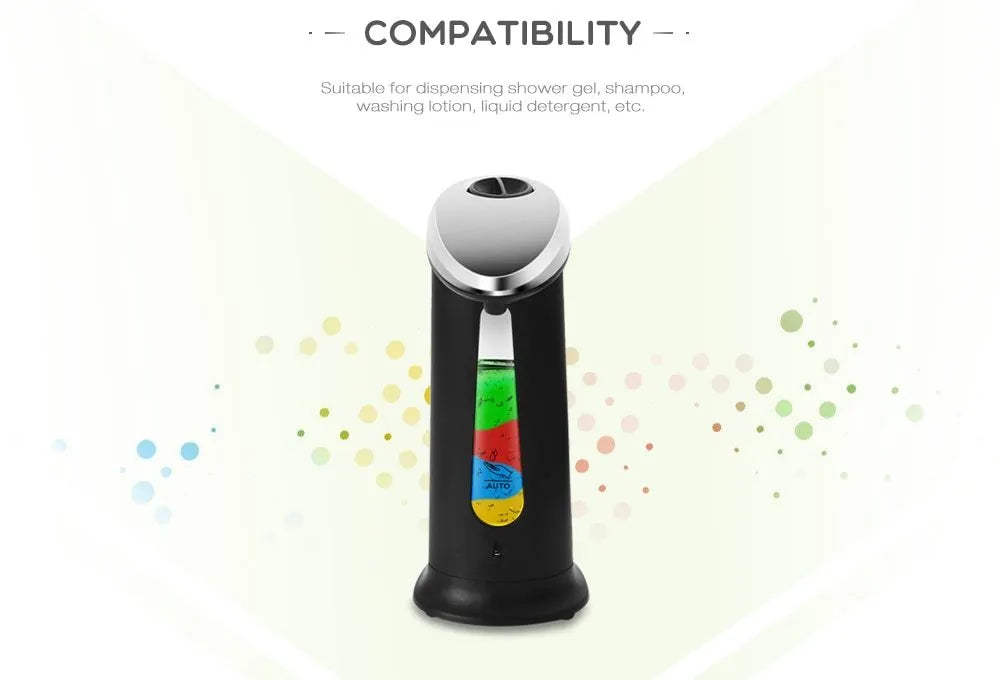 Black automatic liquid soap dispenser with sensor and non-drip spout for touchless operation