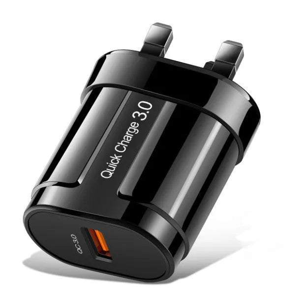 Smart mobile phone charger in black colour with compact 20x40x65mm dimensions showing EU plug style