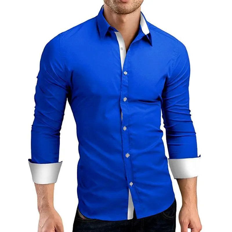 Men's long sleeve cotton lapel shirt in plus sizes, slim fit cardigan style, available in multiple colours