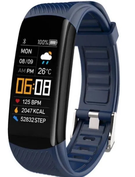 C5S model sports pedometer bracelet in various colours on a wrist, showing 0.96-inch screen.