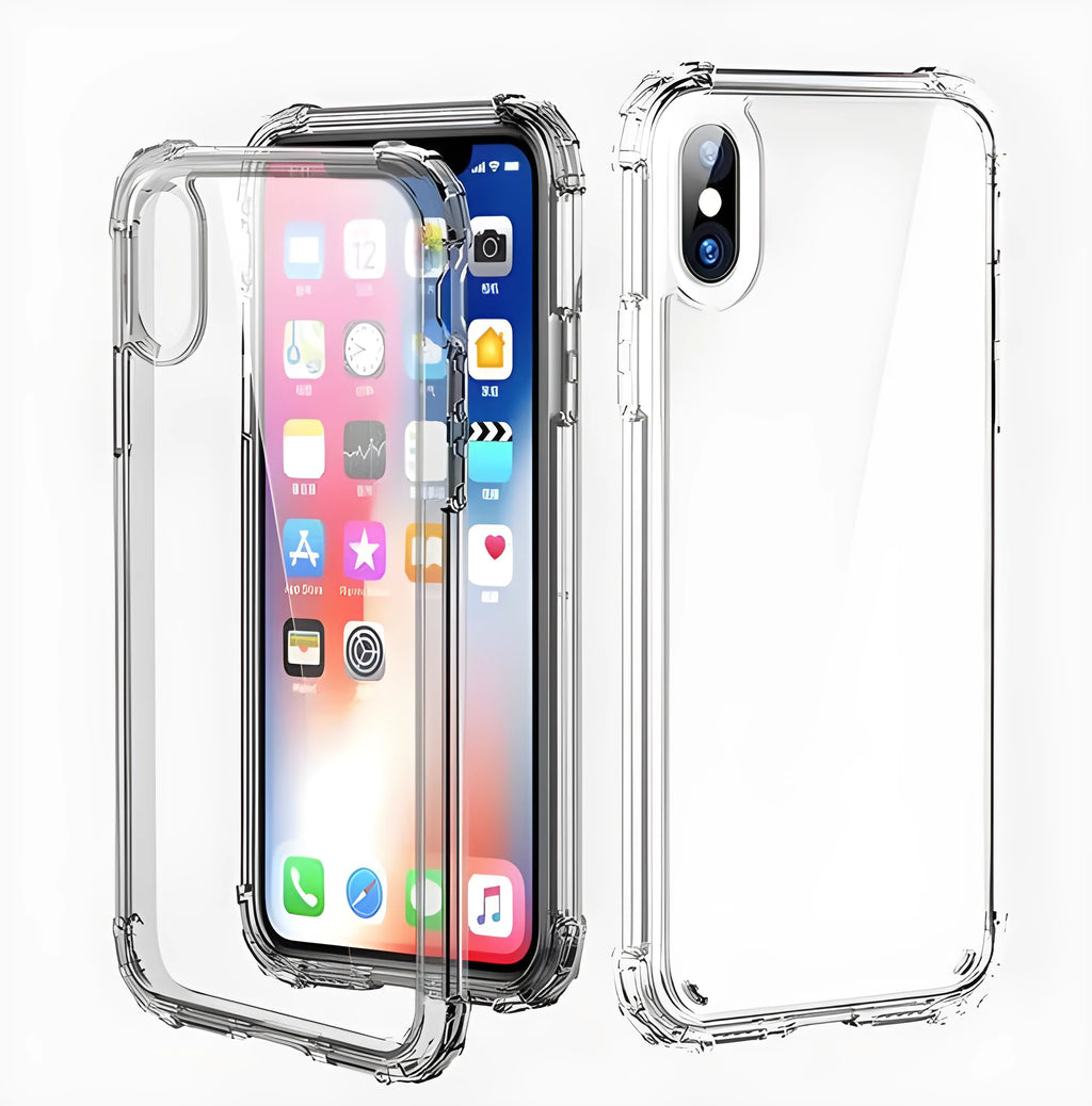 Clear transparent TPU back cover case for iPhone on a table.