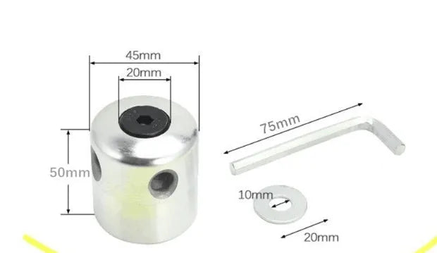 Silver aluminium Luzhu grass trimmer replacement head with four light yellow nylon ropes and a wrench.